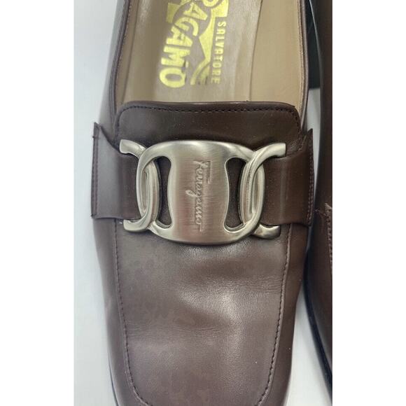 Salvatore Ferragamo Womens Brown Chunky Block DQ 66986 Sz 4 Silver Accent Heels - Picture 8 of 10